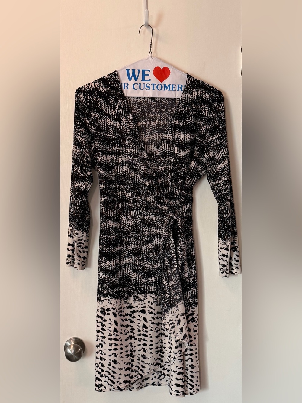 BCBGMaxAzria Black and White Long Sleeve Wrap Dress
